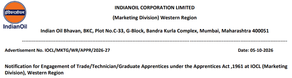 IOCL Apprentice Recruitment 2026 Apply Online